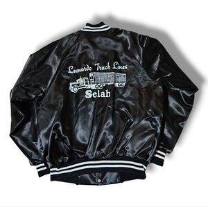 NEW 80s Auburn Sportswear L Jacket Leonardo Truck Lines Satin Bomber USA Black